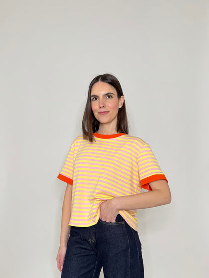T-shirt a righe in cotone con contrasti Giallo/Rosa