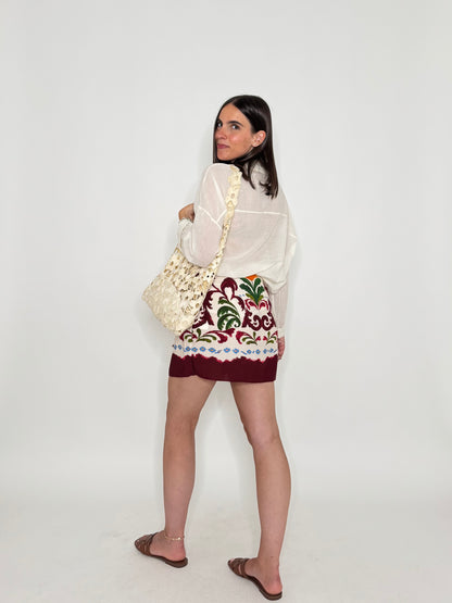 Gonna pareo mini in fresca viscosa stampa floreale bordeaux