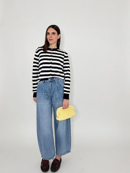 Cardigan in 100% cotone a righe girocollo Panna/Blu Navy