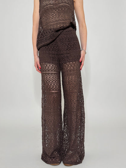 Pantalone pizzo crochet cioccolato in cotone
