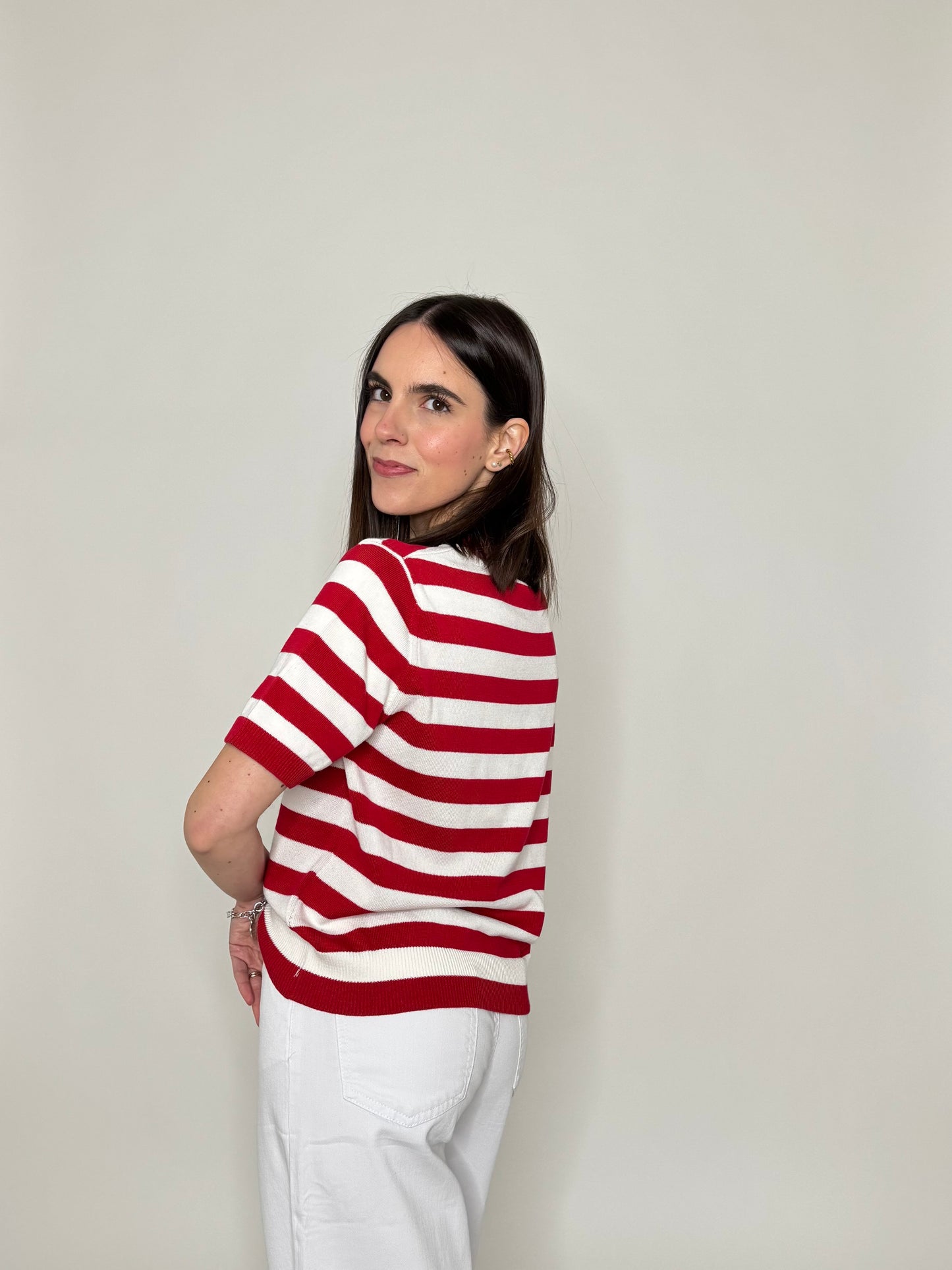 Maglia girocollo a righe manica corta in 100% cotone Rosso/Panna