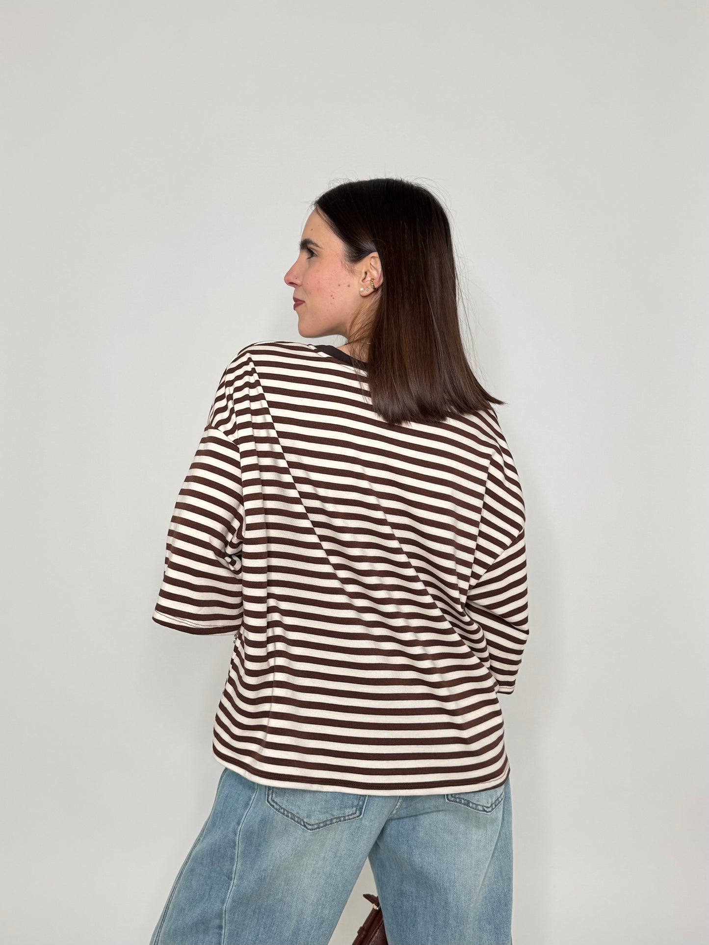 Maglia Felpa a righe light cotton in cotone Cioccolato/Panna
