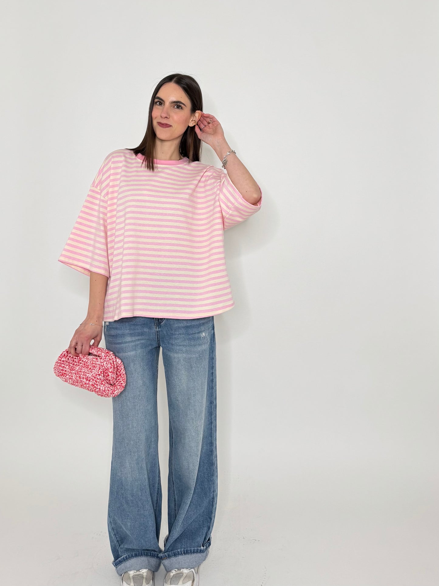Maglia Felpa a righe light cotton in cotone Rosa/Panna