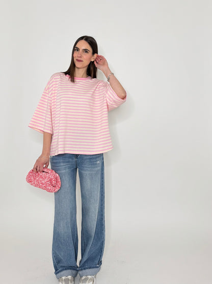Maglia Felpa a righe light cotton in cotone Rosa/Panna