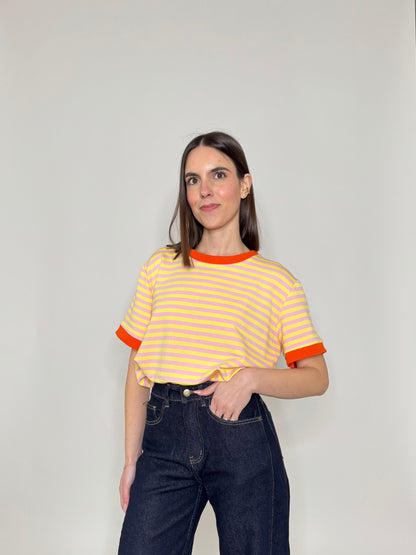 T-shirt a righe in cotone con contrasti Giallo/Rosa