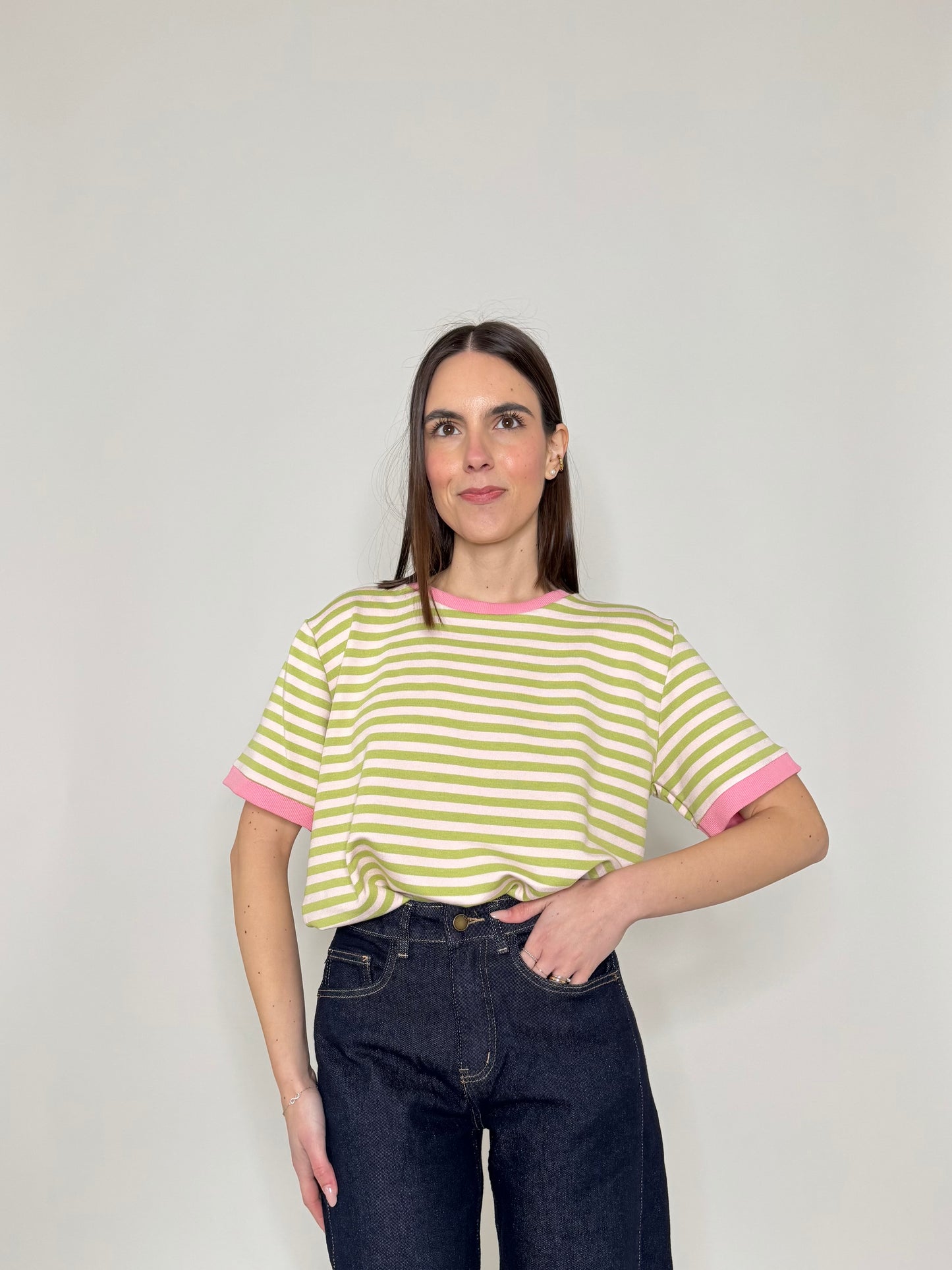 T-shirt a righe in cotone con contrasti Rosa/Verde