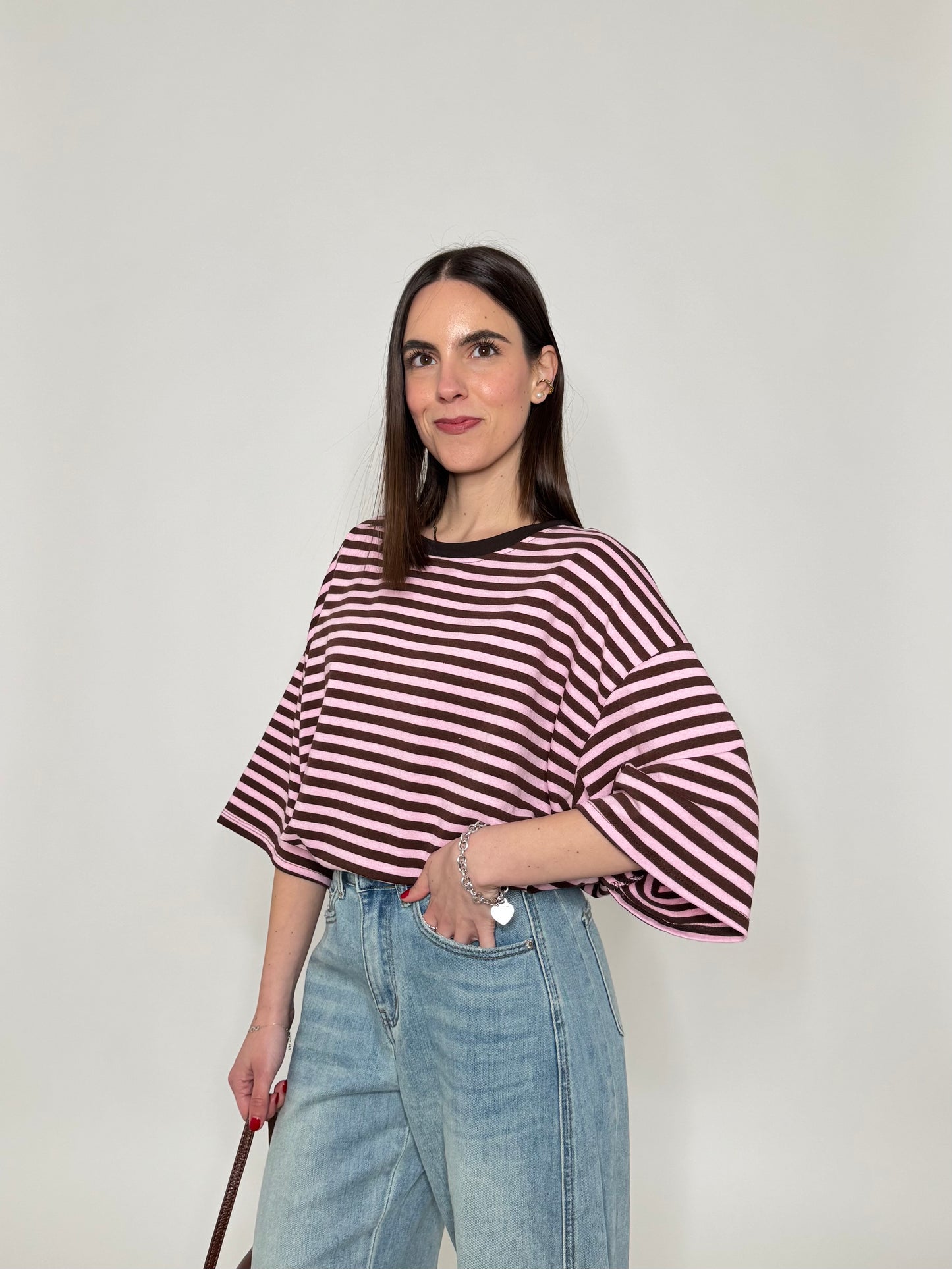 Maglia Felpa a righe light cotton in cotone Cioccolato/Rosa