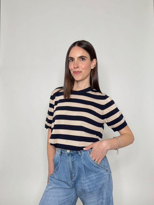 Maglia girocollo a righe manica corta in 100% cotone Blu/Beige