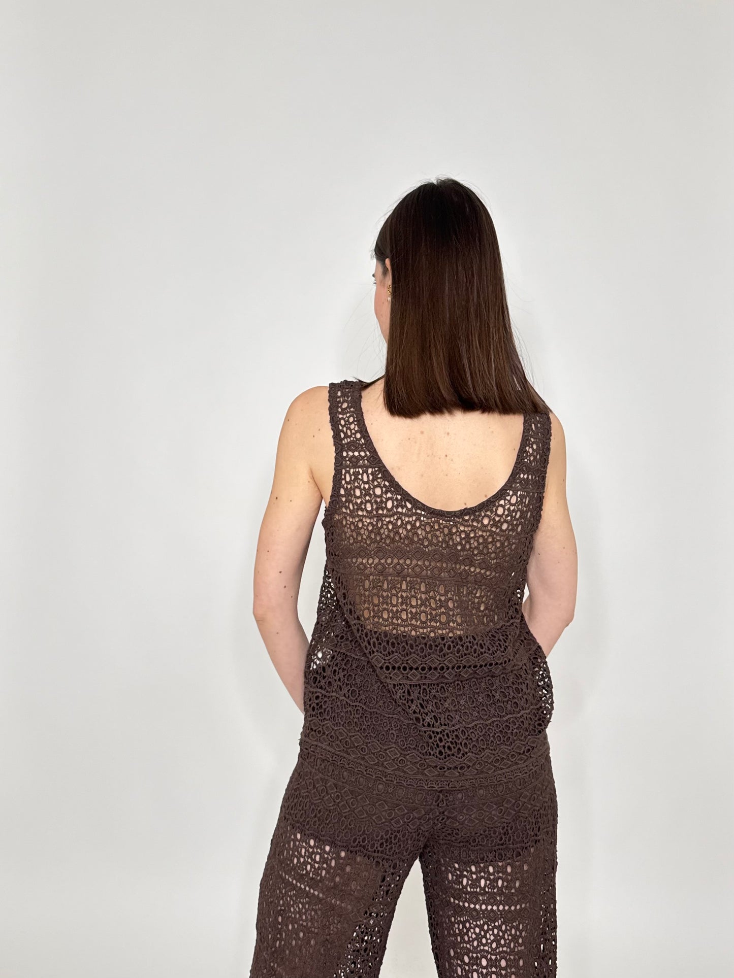 Pantalone pizzo crochet cioccolato in cotone