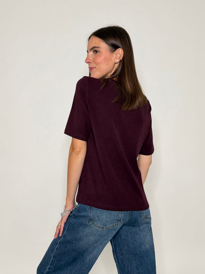 Maglia girocollo basic con impuntura in viscosa e cotone burgundy