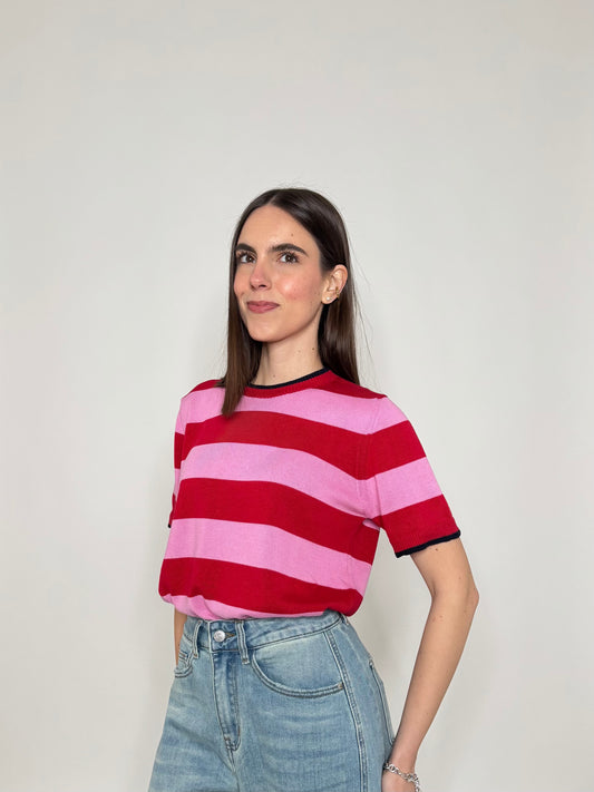 Maglia girocollo a righe manica corta in 100% cotone Confetto/Fragola/blu Navy