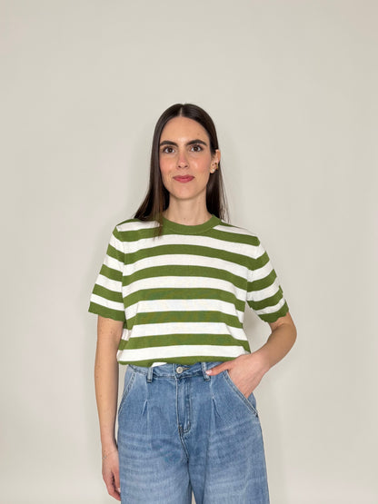 Maglia girocollo a righe manica corta in 100% cotone Pistacchio/Panna