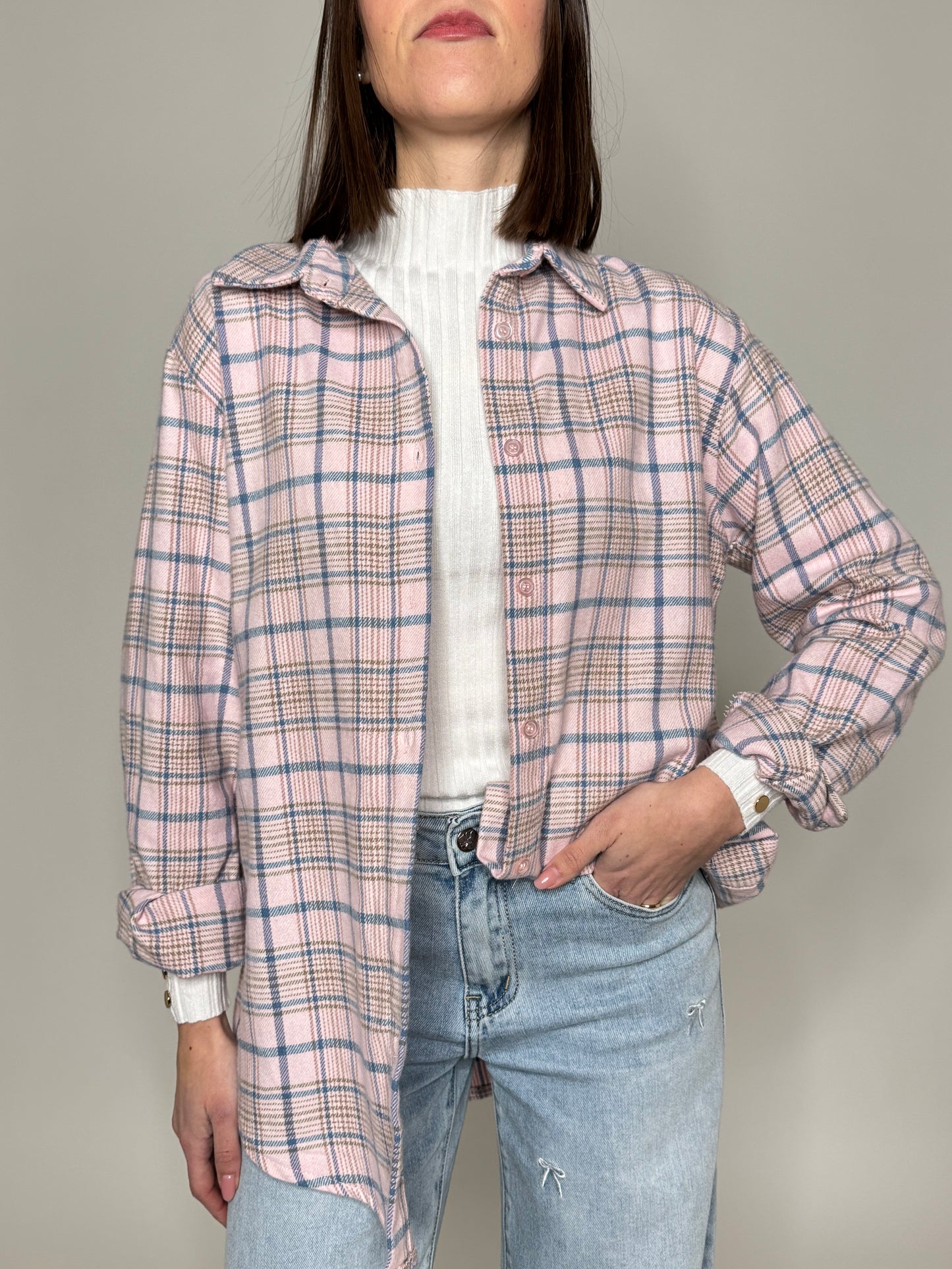 Camicia check in flanella di cotone rosa baby