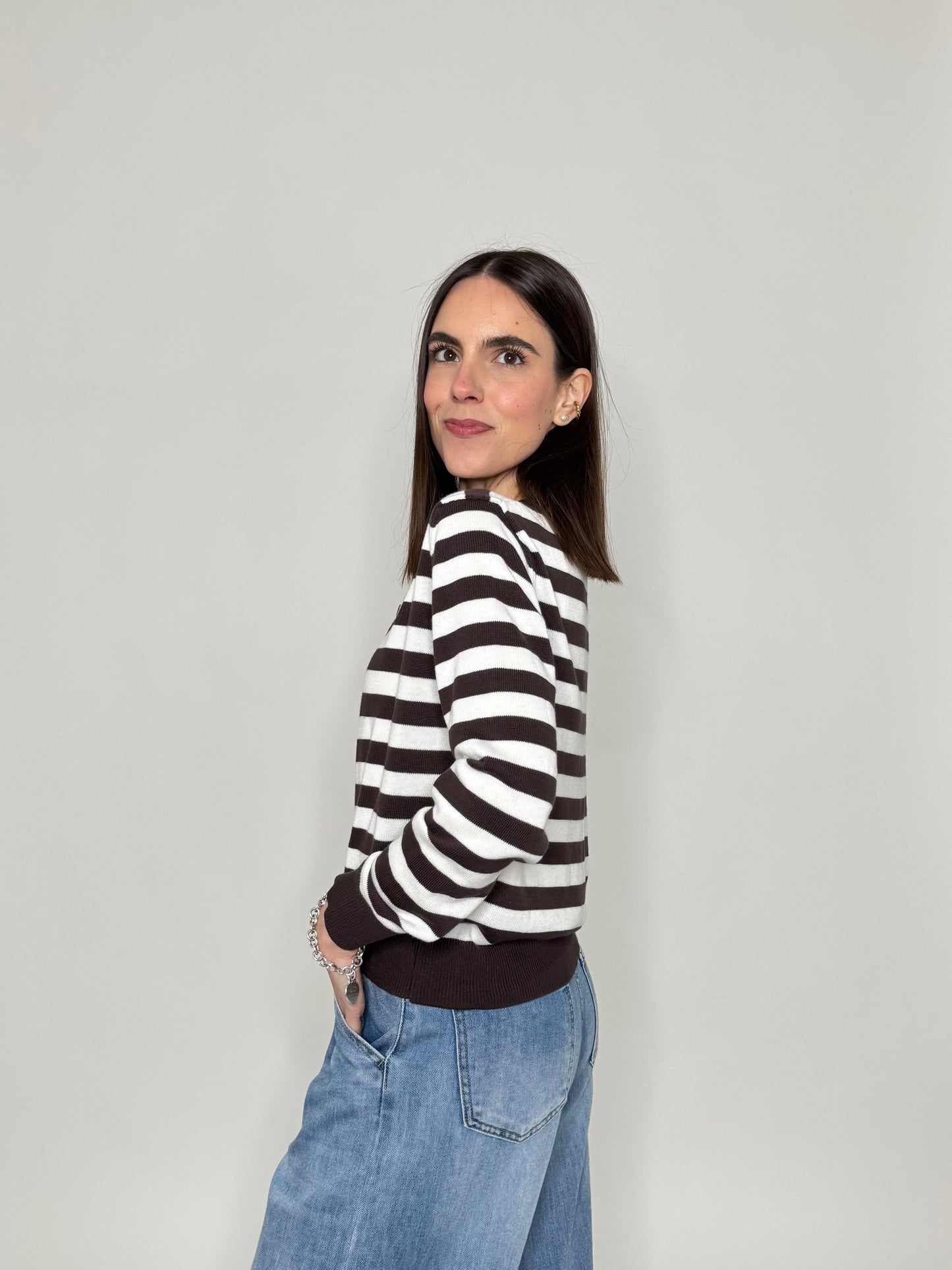 Cardigan in 100% cotone a righe girocollo Panna/Moro