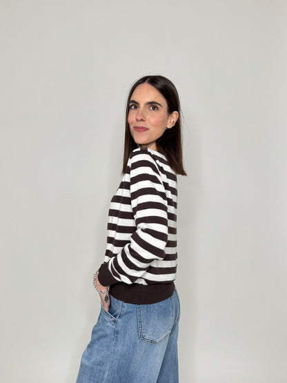 Cardigan in 100% cotone a righe girocollo Panna/Moro