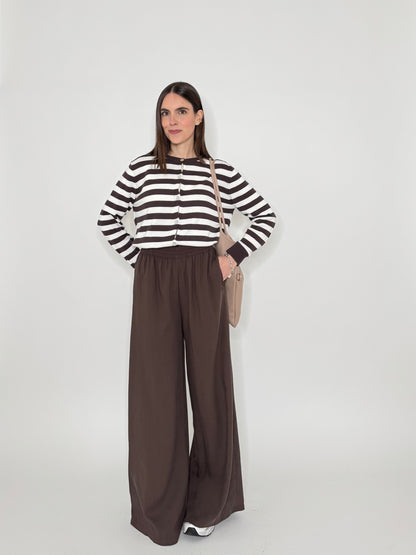 Cardigan in 100% cotone a righe girocollo Panna/Moro