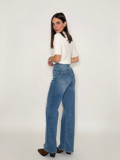 Jeans Straight Wide Leg in Denim Blu