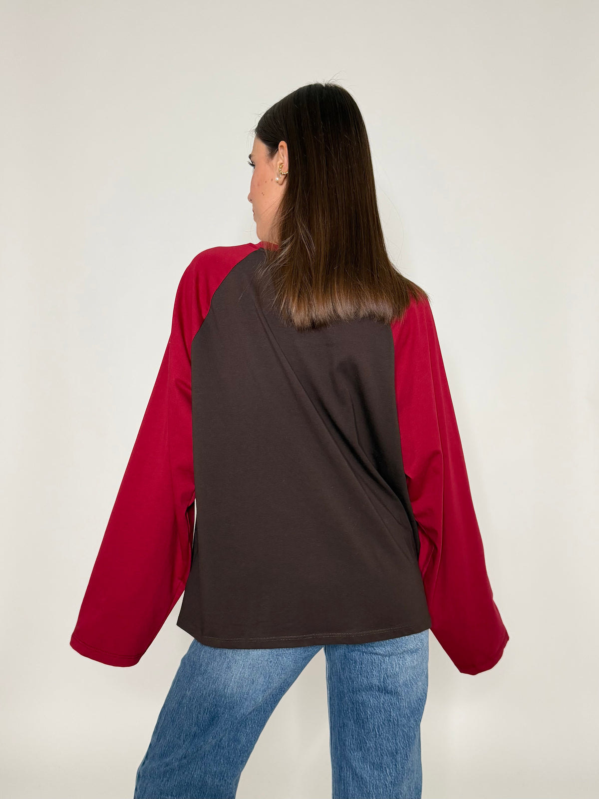 Maglia Baseball Bicolor in cotone con manica a ampia cioccolato/boredaux