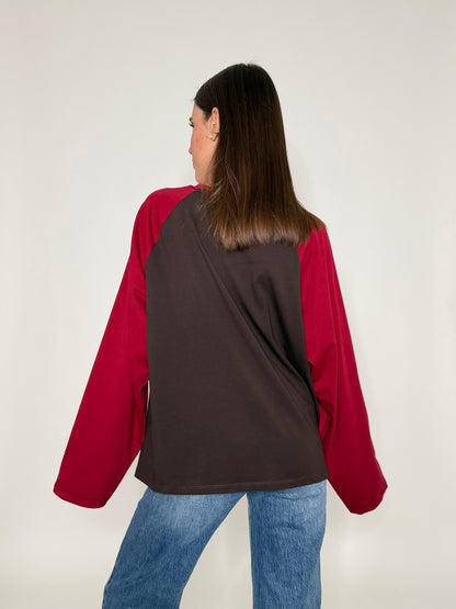 Maglia Baseball Bicolor in cotone con manica a ampia cioccolato/boredaux