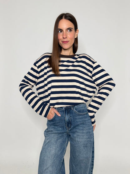 Maglia a righe passe-partout in viscosa blu/beige girocollo cioccolato