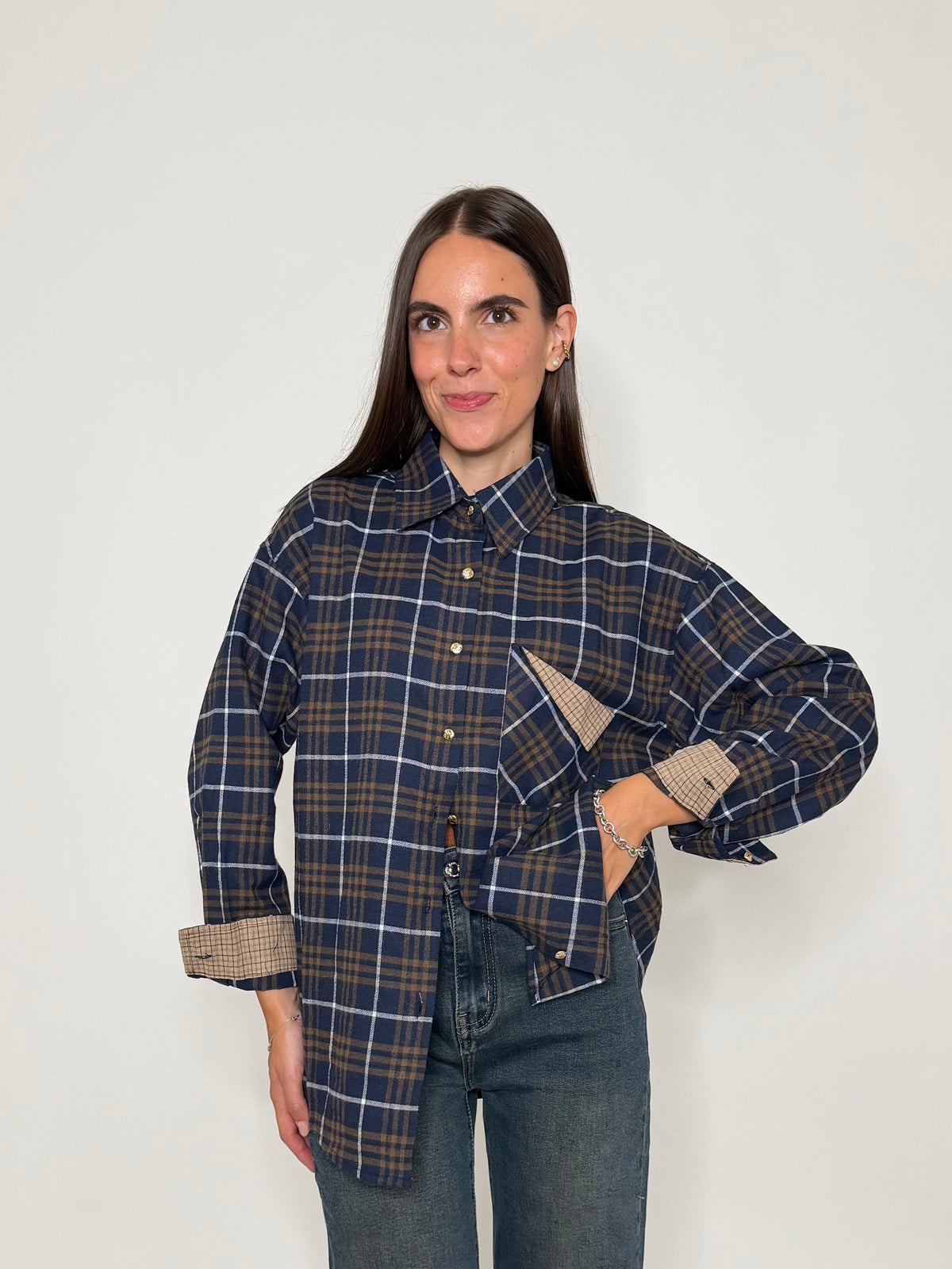 Camicia check in cotone con taschino blu