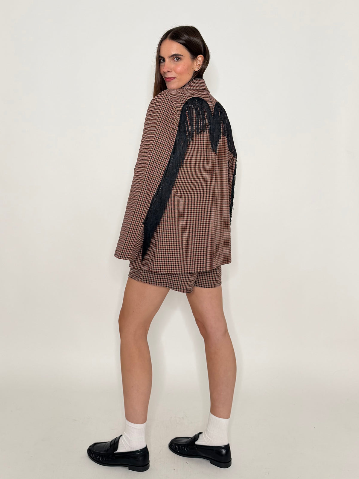 Giacca pied de poule bordeaux con frange