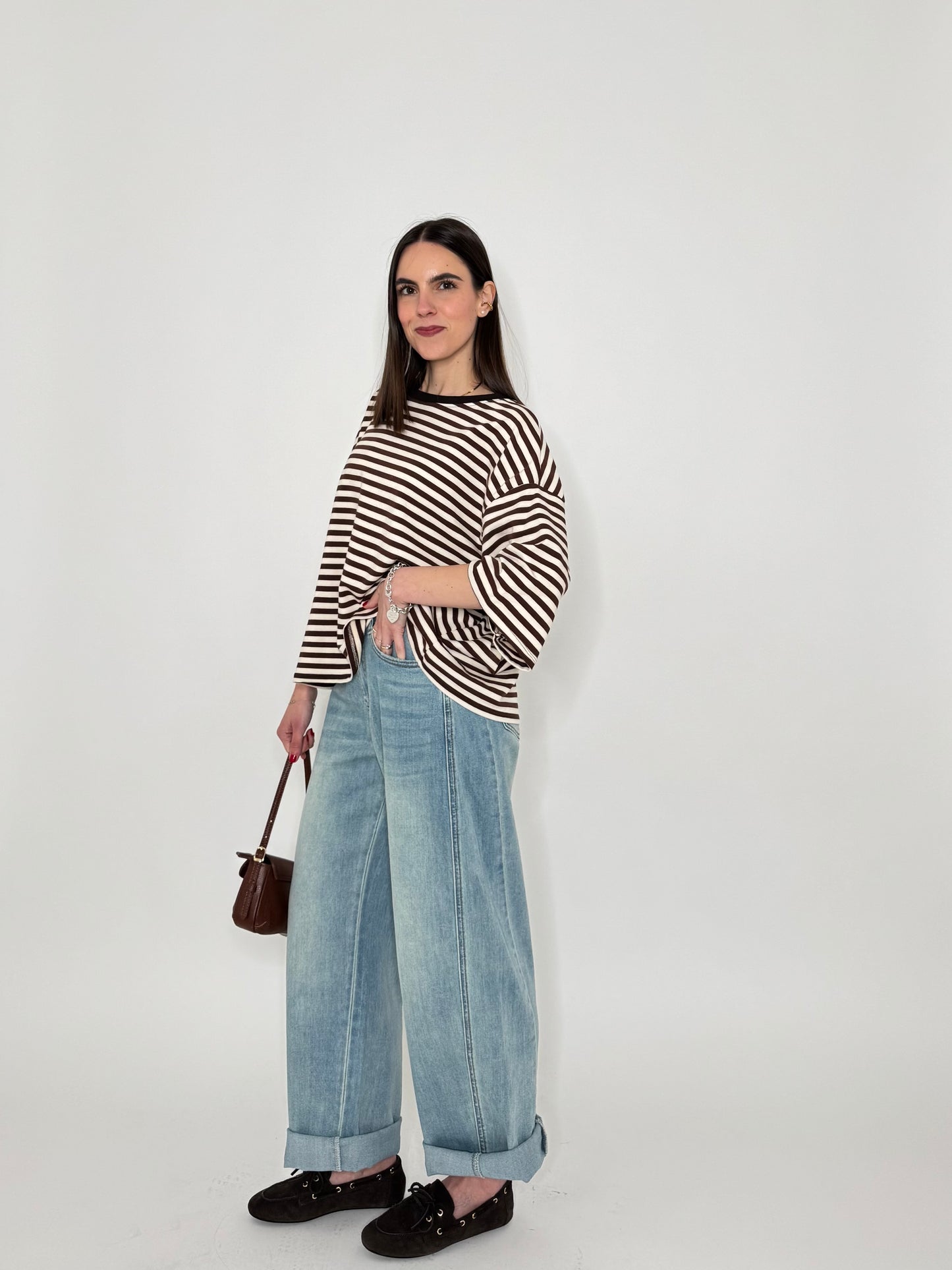 Maglia Felpa a righe light cotton in cotone Cioccolato/Panna