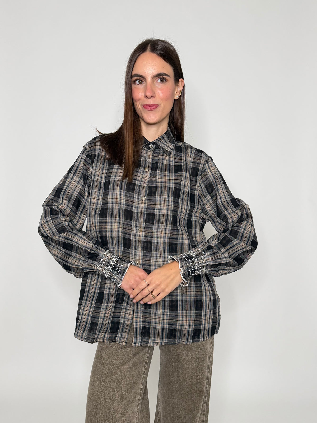 Camicia check con stampa vichy interna e polsino ricamato in cotone