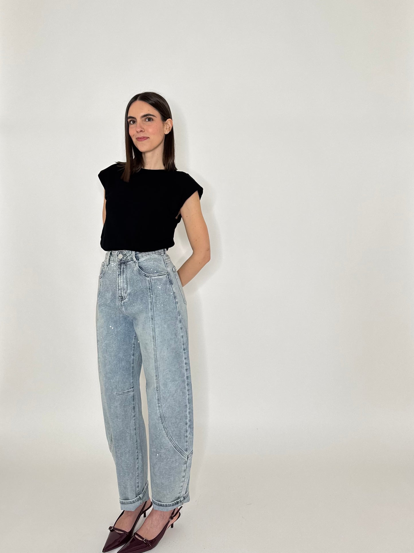 Maglia con spalline imbottite in cotone Nero