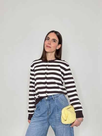 Cardigan in 100% cotone a righe girocollo Panna/Moro