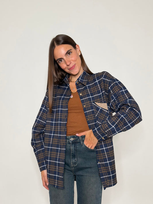 Camicia check in cotone con taschino blu