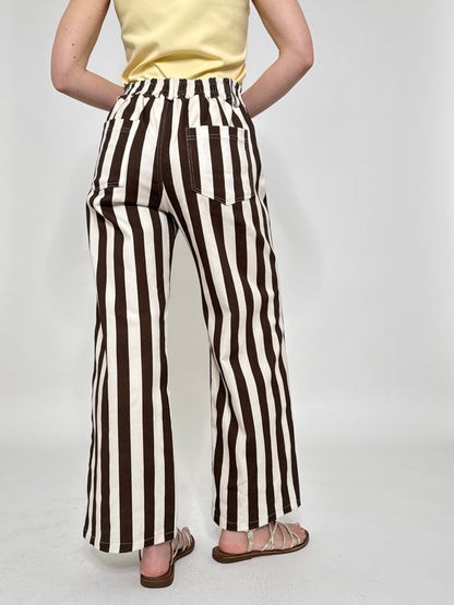 Jeans cinque tasche a righe modello wide leg Panna/cioccolato