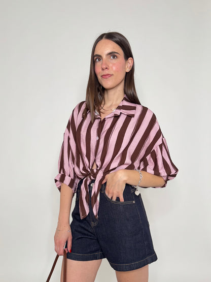 Camicia a righe cioccolato/rosa