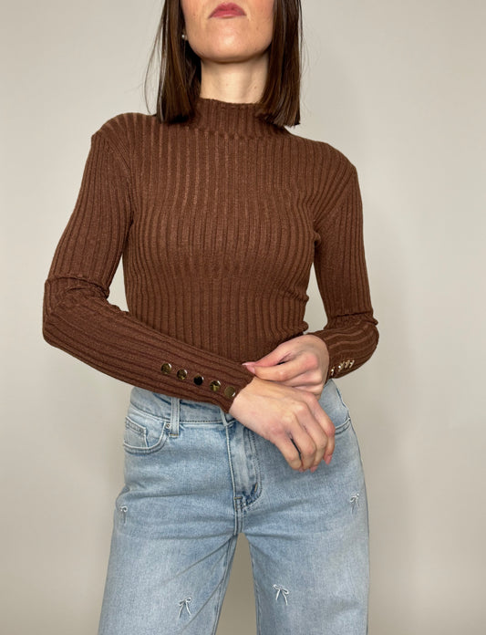 Maglia mezzo collo calda viscosa a costine Cioccolato