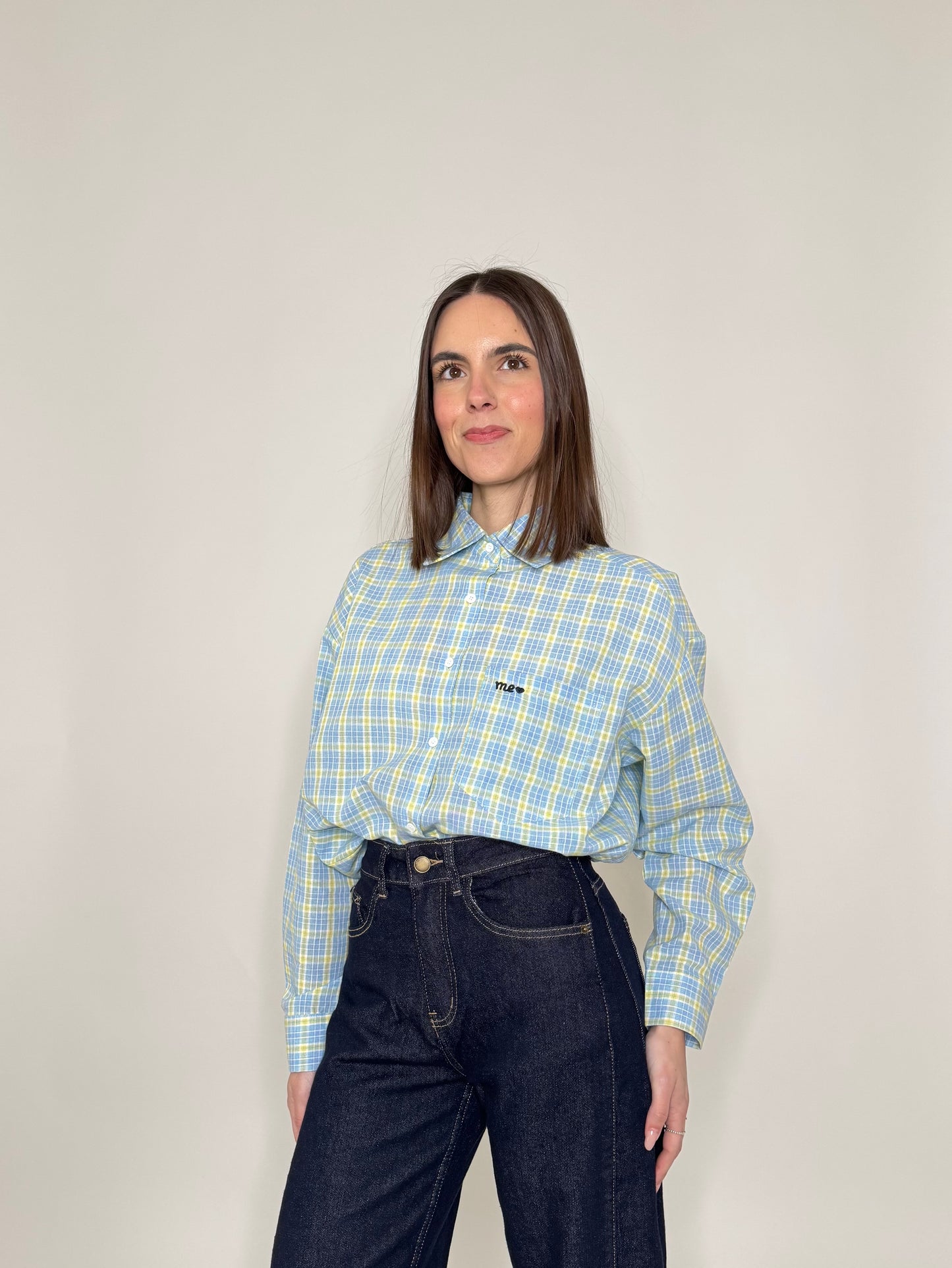 Camicia in cotone a quadri Celeste