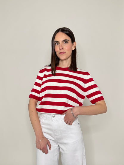 Maglia girocollo a righe manica corta in 100% cotone Rosso/Panna