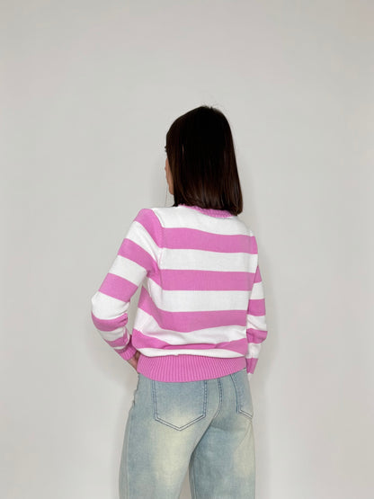Maglia girocollo a righe in 100% cotone Confetto/Panna