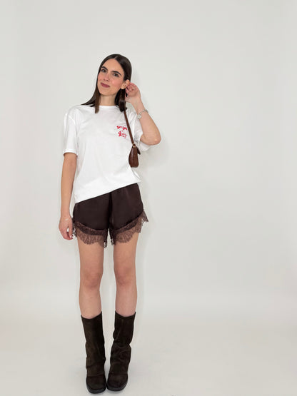 Shorts in satin cioccolato con pizzo