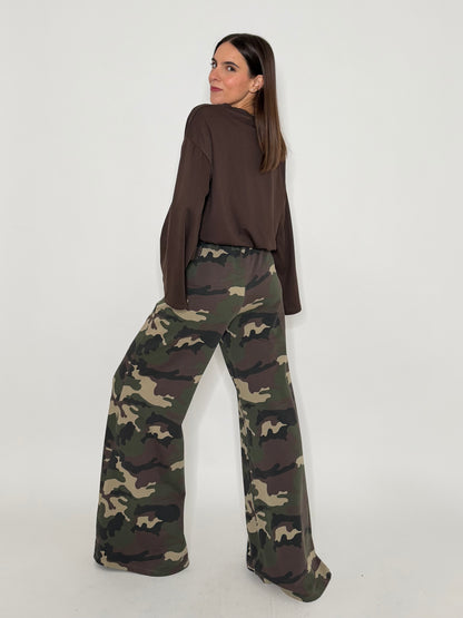 Pantalone palazzo camouflage chiaro in cotone