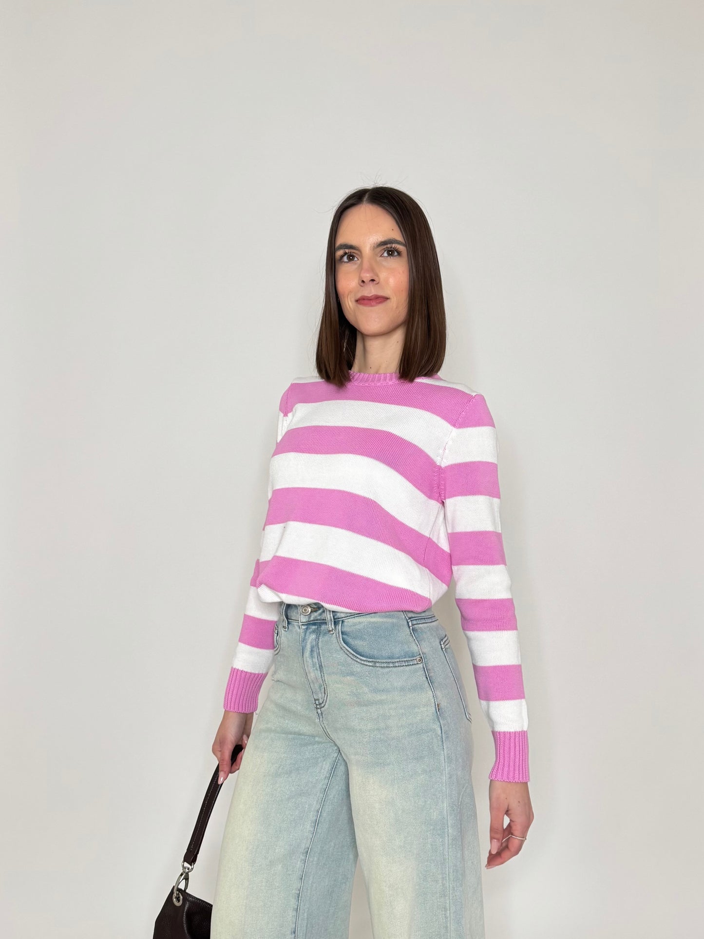 Maglia girocollo a righe in 100% cotone Confetto/Panna