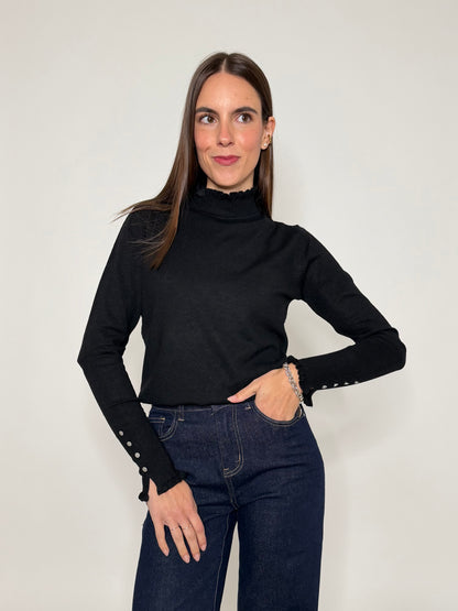 Maglia in morbida viscosa frufru mezzo collo nero