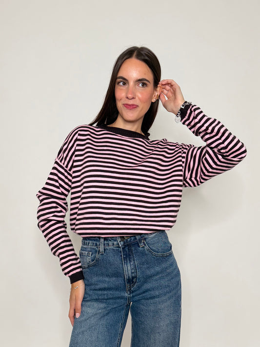 Maglia mille righe fit in morbida viscosa manica lunga rosa