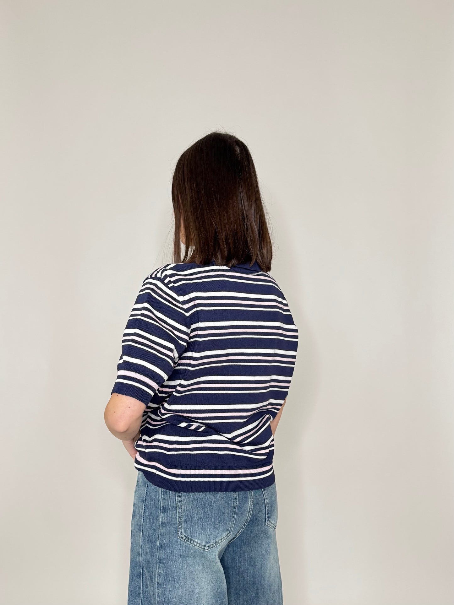 Polo in filo di viscosa a righe Blu navy/bianco