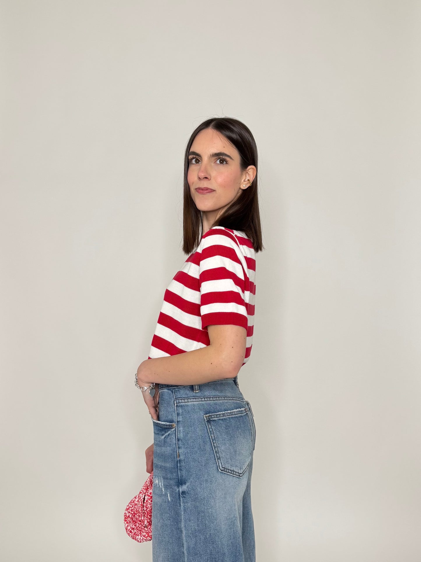 Maglia girocollo a righe manica corta in 100% cotone Rosso/Panna