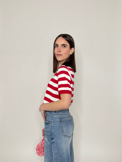 Maglia girocollo a righe manica corta in 100% cotone Rosso/Panna