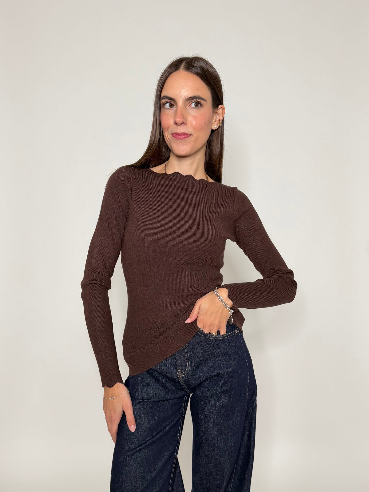 Maglia in morbida viscosa zigzag fit cioccolato