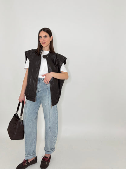 Jeans barrel con impunture Strass