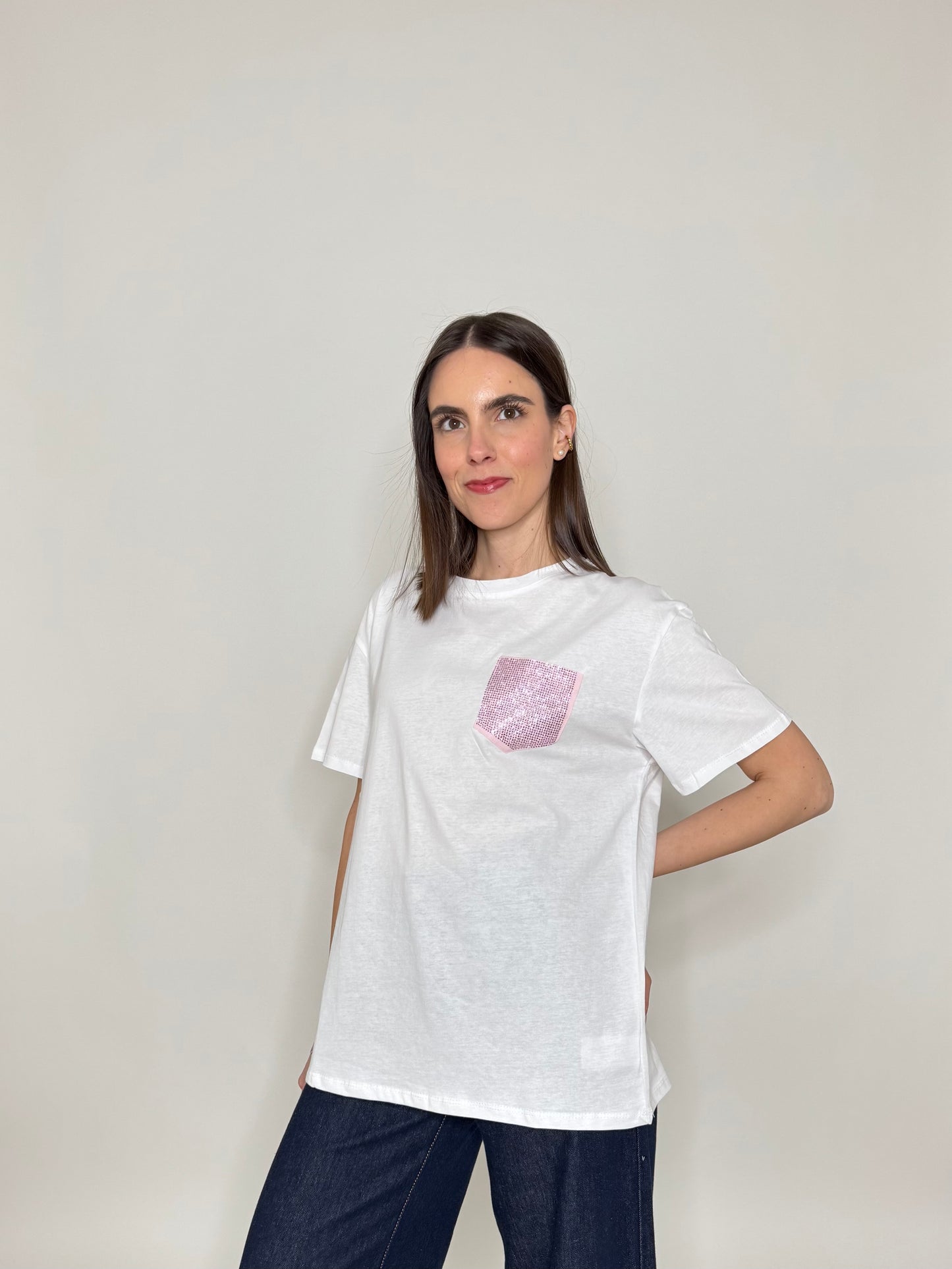 T-shirt in cotone tasca brillantini Rosa