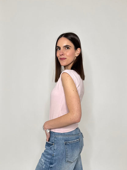 T-shirt scollo quadrato in cotone Rosa