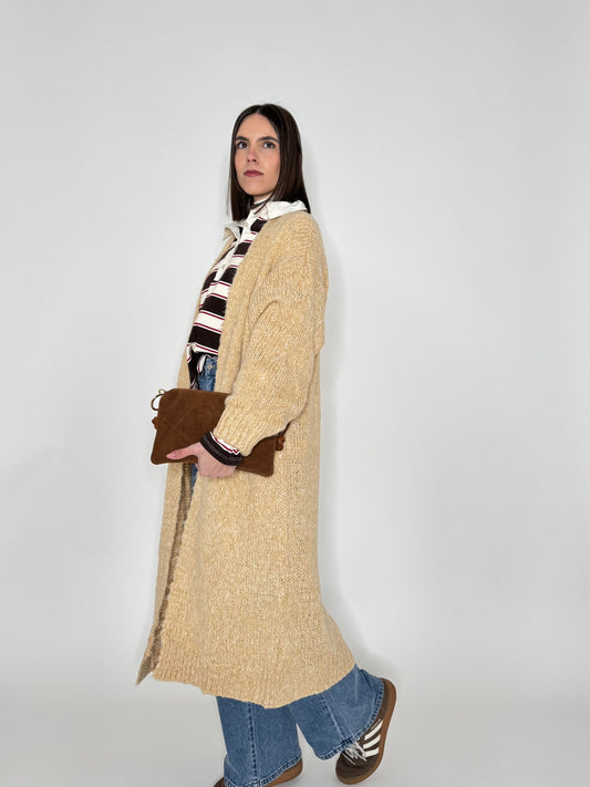 Cardigan lungo macadamia in misto mohair